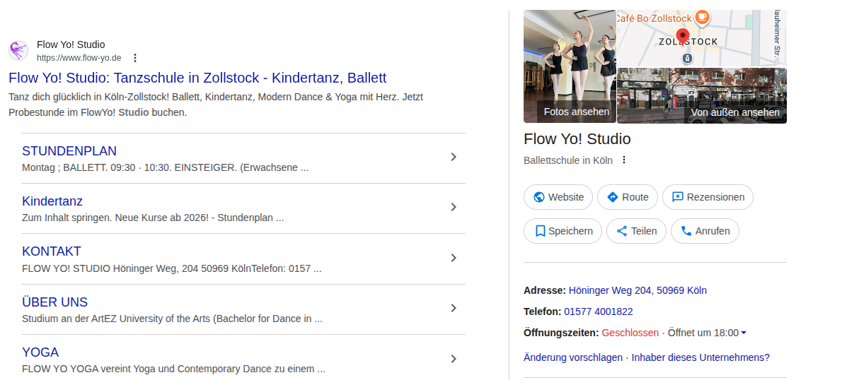 Google-Suchergebnisse mit Flow Yo! Unternehmensprofil